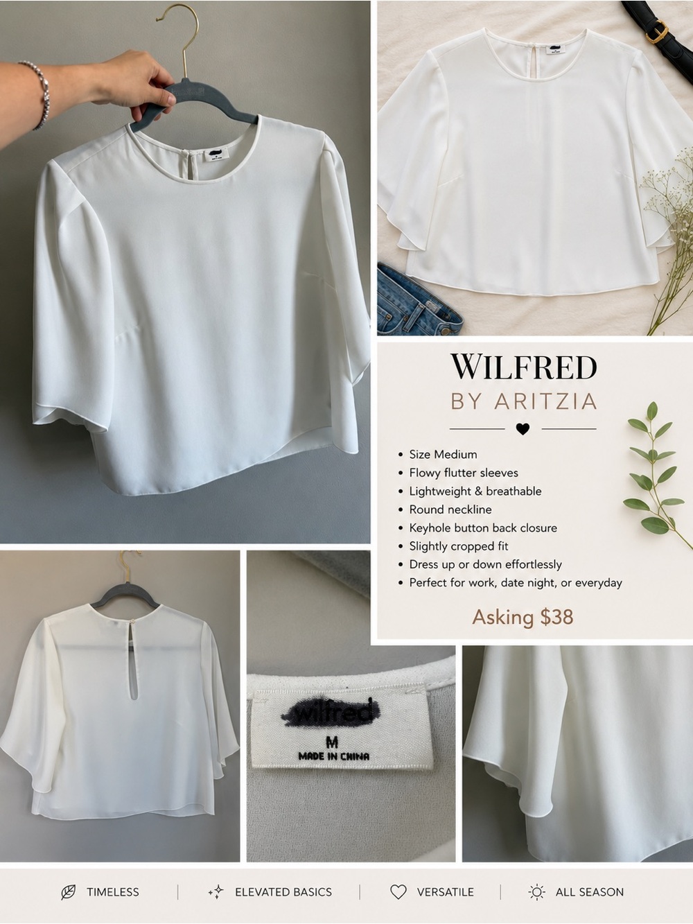 Wilfred by Aritzia White Flutter Sleeve Blouse | Size M